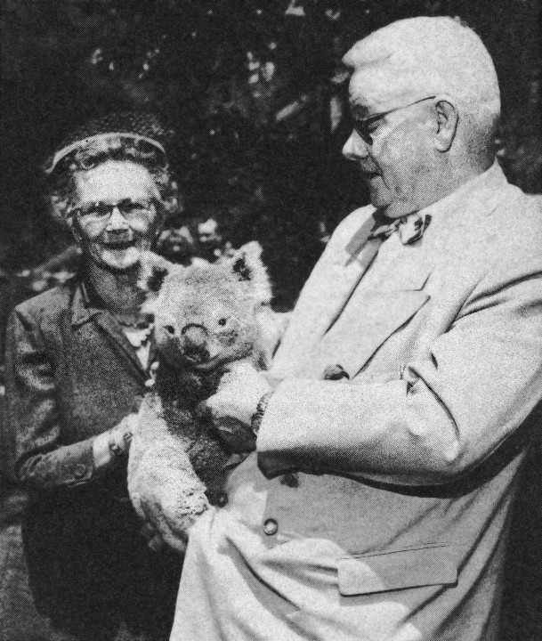 Sir Edward Hallstrom (right) had worked with Belle Benchley (left) in 1951 and 1952 to arrange for the Botany Bay koalas to stay at the San Diego Zoo, and to bring many other Australian animals to the Zoo as well. The Zoological Society made him an Honorary Vice-president of the Society in thanks for his contributions to the Zoo, and gave him an honorary life membership. He continued to be a periodic visitor to the San Diego Zoo, and he and Belle maintained a cordial friendship through the years. They are seen here in 1956 with Tuffy, one of the Botany Bay koalas. 