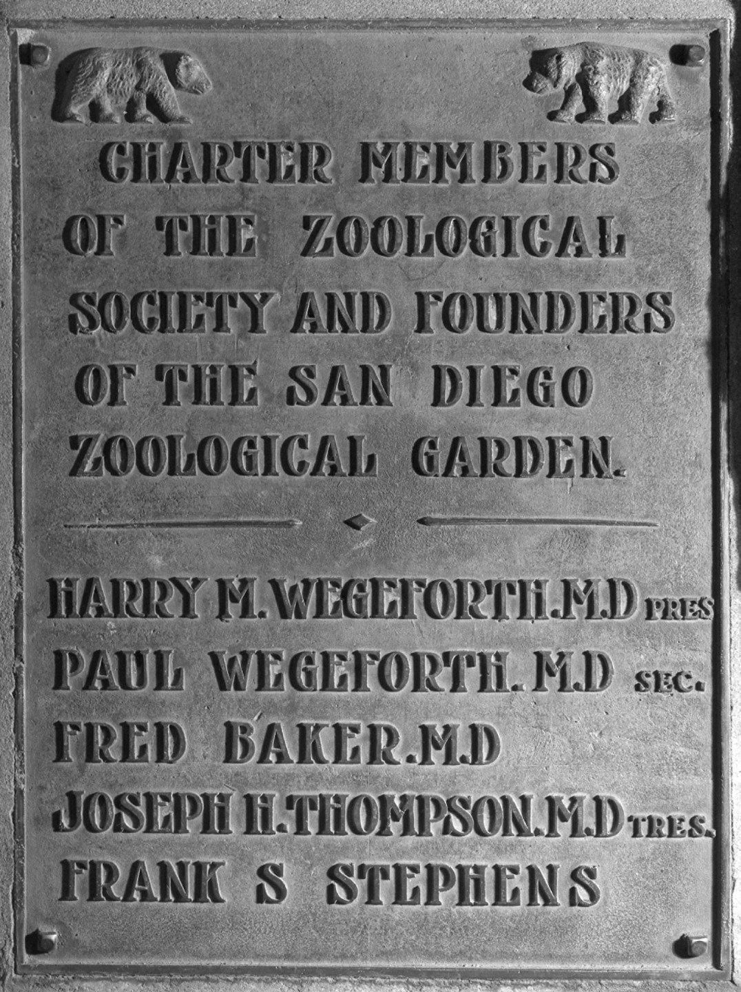 Zoological Society of San Diego Founder's Plaque
