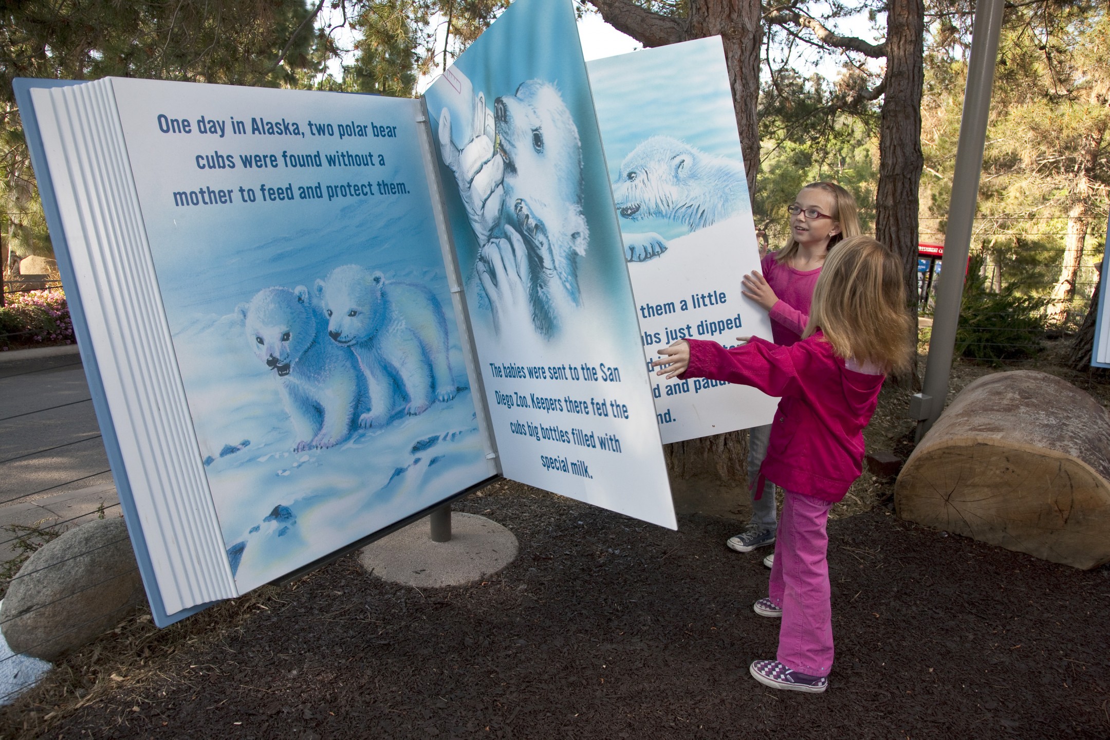 An oversized story book told a custom-written story about Kalluk and Tatqiq, the two orphaned cubs who had been rescued and brought to the San Diego Zoo.