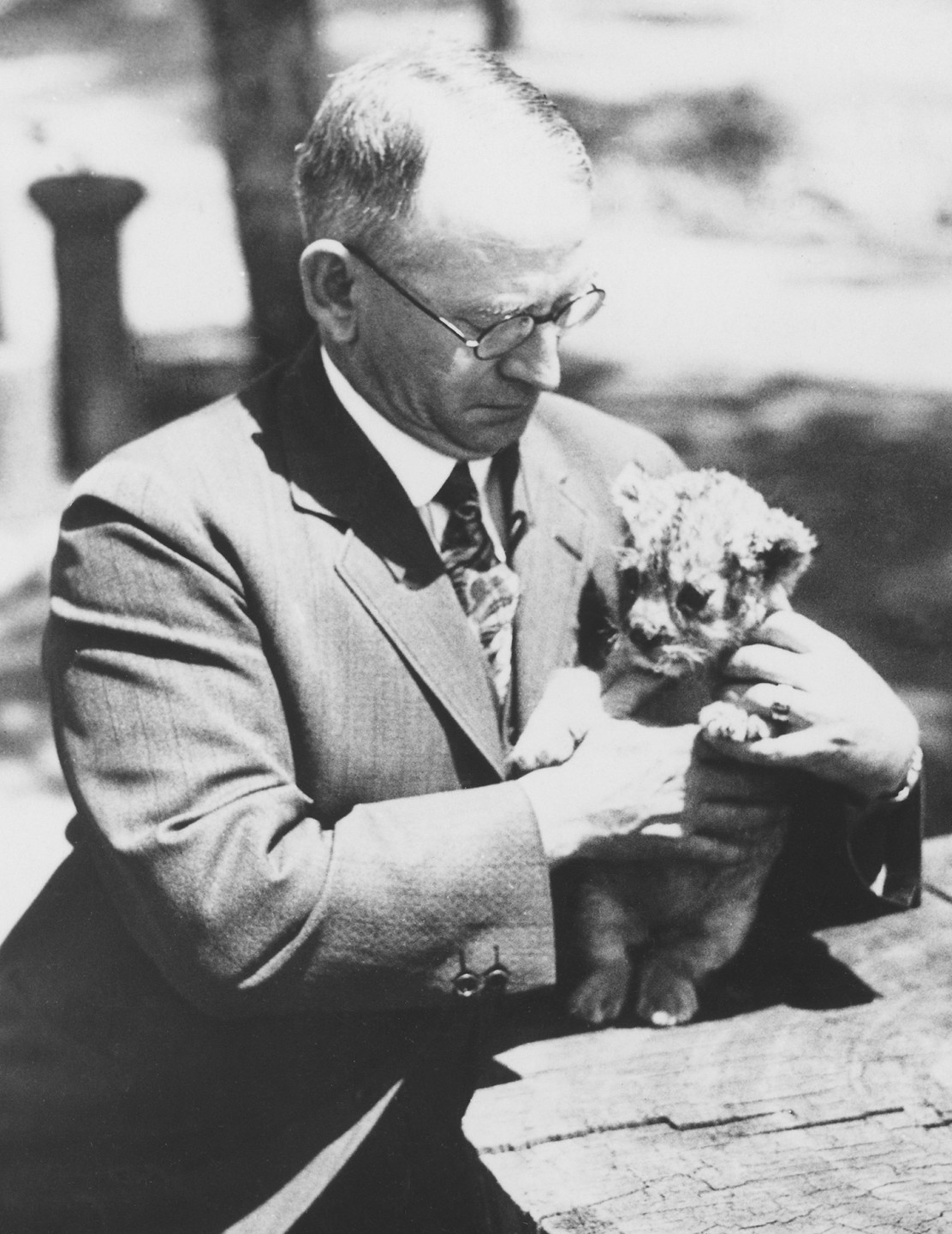 Dr. Harry M. Wegeforth and lion cub