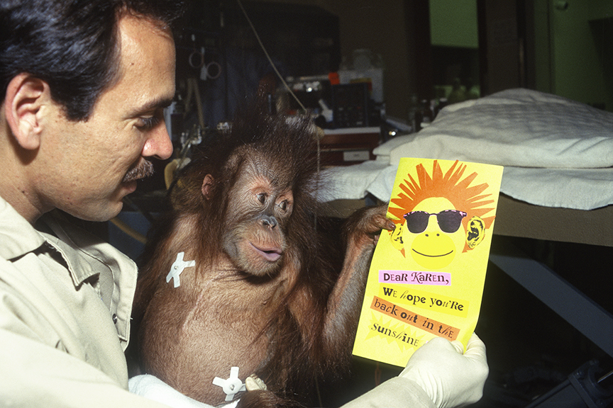 Keeper Fernando Covarrubias shows Karen one of the hundreds of get well cards she received after her heart surgery.