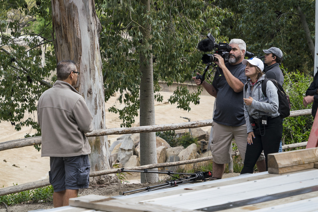 The Animal Planet crew films an interview with keeper Curtis Lehman at the Safari Park's elephant habitat.